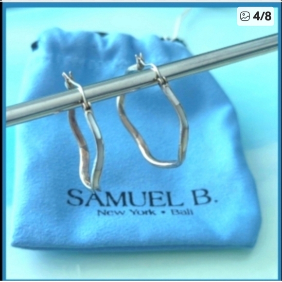 Samuel B Sterling WAVY 925 silver  mother of pearl 1.5 in. hoop earrings  Gift - Picture 6 of 8